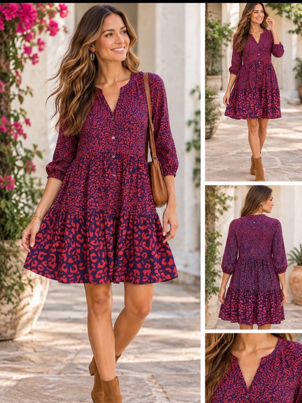 Vineyard Vines Tiered Leopard Print Dress Navy Red Size Large L 3/4 Sleeve